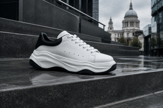 Modern şehir ortamında beyaz ve siyah detaylı sportif sneaker