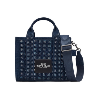 Planet Luxury Brands imzalı, lacivert renkli, kristal işlemeli ve çıkarılabilir askılı Marc Jacobs küçük kadın çanta.