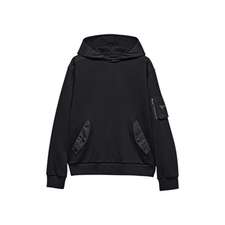 Planet Luxury Brands siyah oversize pamuklu fleece ve Re-Nylon kapüşonlu sweatshirt, üçgen logo detaylı