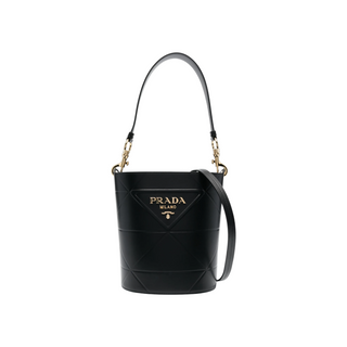 Planet Luxury Brands imzalı, altın tonlu metal logolu, siyah deri Symbole kova çanta.