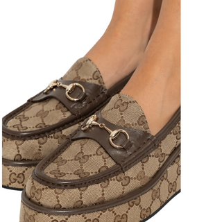 Planet Luxury Brands Gucci kahverengi GG monogram kanvas platform tabanlı deri detaylı kadın loafer ayakkabı