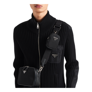 Planet Luxury Brands siyah Prada Brique Re-Nylon ve Saffiano deri omuz çantası, çıkarılabilir keseli ve metal logolu