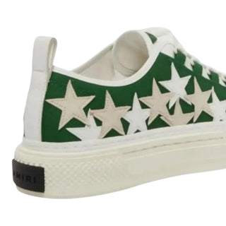 Planet Luxury Brands imzalı, yeşil ve beyaz yıldız detaylı, kauçuk tabanlı modern Amiri erkek sneaker ayakkabı.