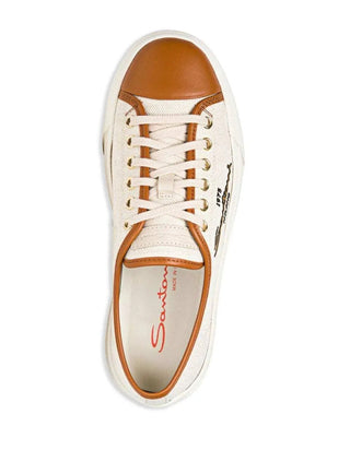 Planet Luxury Brands bej kanvas ve taba deri detaylı, yuvarlak burunlu, kalın tabanlı alçak profilli sneaker