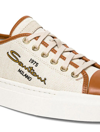 Planet Luxury Brands bej kanvas ve deri detaylı, yan kısmında logo işlemesi bulunan alçak profilli sneaker