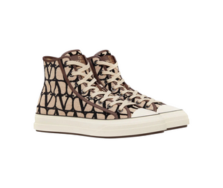 Planet Luxury Brands bej ve siyah renkli, V logolu, yuvarlak burunlu ve kalın tabanlı yüksek bilekli erkek sneaker