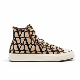 Planet Luxury Brands bej ve siyah renkli, V logolu, yüksek bilekli, kalın tabanlı erkek sneaker ayakkabı
