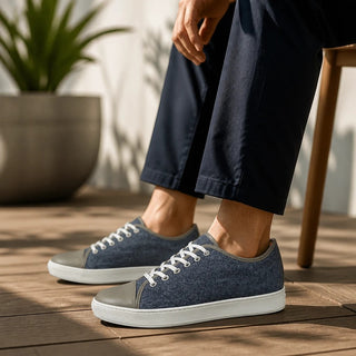 Planet Luxury Brands Etro mavi desenli kumaş ve deri detaylı erkek sneaker, beyaz kauçuk tabanlı şık tasarım.