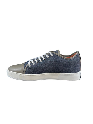 Planet Luxury Brands Etro mavi desenli kumaş ve deri detaylı erkek sneaker, kauçuk tabanlı İtalyan tasarım.