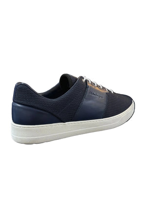Planet Luxury Brands lacivert dokuma ve deri detaylı Ferragamo erkek sneaker, ortopedik iç tabanlı İtalyan tasarımı.