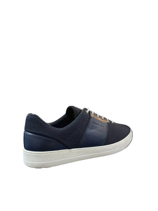 Planet Luxury Brands lacivert dokuma ve deri detaylı Ferragamo erkek sneaker, ortopedik iç tabanlı İtalyan tasarımı.