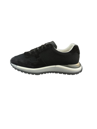 Planet Luxury Brands Ferragamo siyah deri ve süet erkek sneaker, üç renkli taban ve yan logo detayı ile