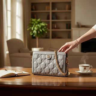 Planet Luxury Brands gri matelasse deri GG Marmont zincirli çanta, altın detaylı ve şık iç mekan tasarımıyla.
