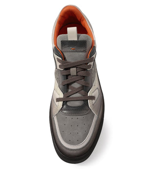 Planet Luxury Brands gri deri erkek sneaker, yuvarlak burunlu, kalın tabanlı ve turuncu iç astar detaylı tasarım