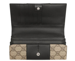 Planet Luxury Brands Gucci Continental cüzdan, GG logolu kanvas ve siyah deri detaylı iç tasarım