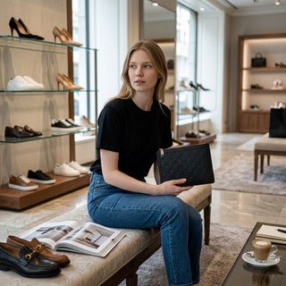 Planet Luxury Brands imzalı, siyah kabartmalı GG logolu deri Gucci el çantası tutan şık bir kadın.
