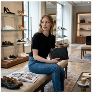 Planet Luxury Brands imzalı, siyah kabartmalı GG logolu deri Gucci el çantası tutan şık bir kadın.