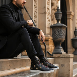 Planet Luxury Brands Gucci siyah deri işlemeli arı ve yıldız desenli yüksek konçlu spor ayakkabı