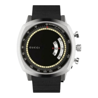 Planet Luxury Brands Gucci siyah kadranlı, gümüş detaylı, paslanmaz çelik kasalı ve kauçuk kayışlı quartz kol saati