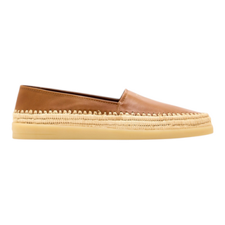 Planet Luxury Brands kahverengi nappa deri erkek espadril, ön kısımda logo detaylı, hasır şeritli ve kauçuk tabanlı