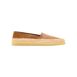 Planet Luxury Brands kahverengi nappa deri erkek espadril, ön kısımda logo detaylı, hasır şeritli ve kauçuk tabanlı