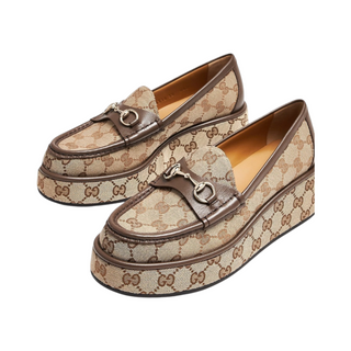 Planet Luxury Brands kahverengi monogram desenli, metal horsebit tokalı ve kalın dolgu tabanlı kadın loafer ayakkabı