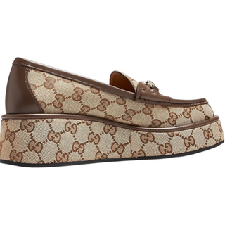 Planet Luxury Brands kahverengi monogram desenli, metal tokalı ve kalın dolgu tabanlı şık kadın loafer ayakkabı