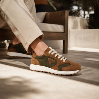 Planet Luxury Brands kahverengi Re-Nylon ve süet Prax 2.0 erkek sneaker, metal logo detaylı ve kauçuk tabanlı