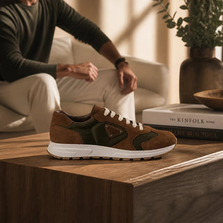 Planet Luxury Brands kahverengi süet ve Re-Nylon detaylı, beyaz tabanlı şık erkek sneaker modeli