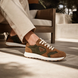 Planet Luxury Brands kahverengi Re-Nylon ve süet Prax 2.0 erkek sneaker, metal logo detaylı ve kauçuk tabanlı