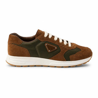 Planet Luxury Brands kahverengi süet ve naylon detaylı Prax 2.0 erkek sneaker, beyaz kauçuk tabanlı yan görünüm