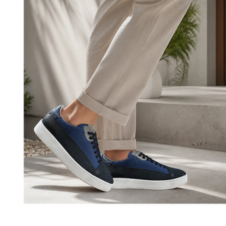 Planet Luxury Brands lacivert renkli, yuvarlak burunlu ve kalın kauçuk tabanlı İtalyan yapımı erkek deri sneaker.