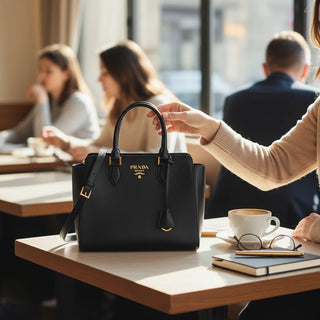 Planet Luxury Brands imzalı, altın detaylı siyah deri Prada el ve omuz çantası, kafe masası üzerinde şık bir görünüm.