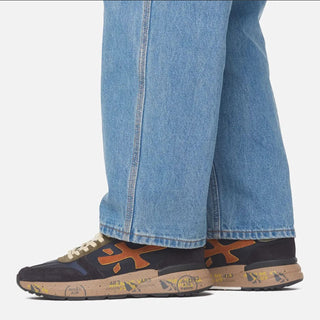 Planet Luxury Brands Premiata Mick lacivert süet ve deri detaylı, desenli kauçuk tabanlı erkek günlük spor ayakkabı