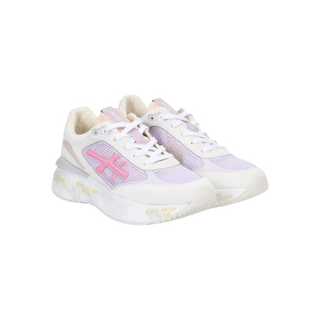 Planet Luxury Brands imzalı, krem ve pembe detaylı, süet ve file karışımlı kalın tabanlı Premiata Moerun kadın sneaker