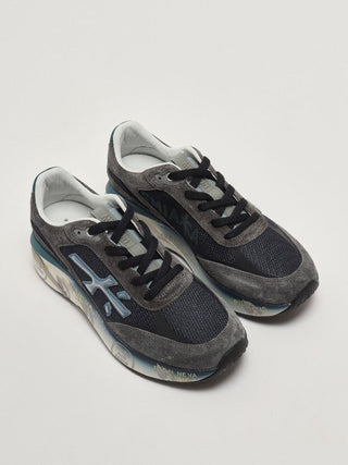 Planet Luxury Brands Premiata Moerun lacivert erkek sneaker, süet ve file detaylı, kalın tabanlı, yan logolu tasarım.