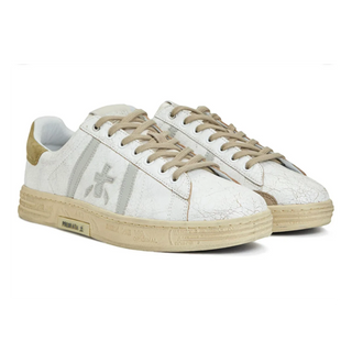 Planet Luxury Brands imzalı, krem rengi, bağcıklı, çatlak deri dokulu ve düz tabanlı Premiata Russell erkek sneaker