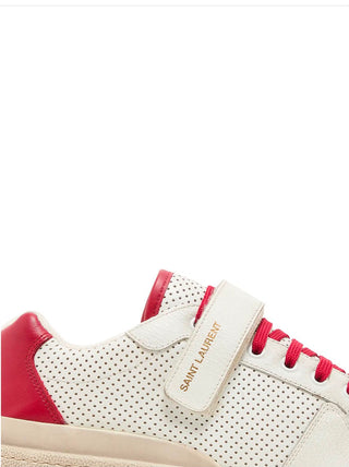Planet Luxury Brands Saint Laurent SL-24 beyaz ve kırmızı delikli deri erkek sneaker, cırt cırtlı ve bağcıklı tasarım