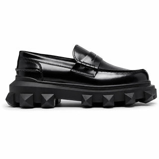 Planet Luxury Brands Valentino Garavani siyah hakiki deri kalın tabanlı kadın loafer ayakkabı