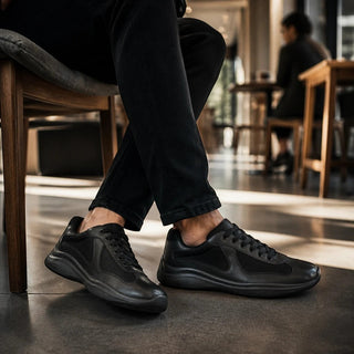 Planet Luxury Brands siyah America's Cup erkek sneaker, yuvarlak burunlu ve kauçuk tabanlı şık İtalyan tasarımı