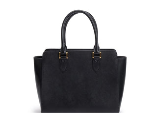 Planet Luxury Brands siyah Saffiano dana derisi tote çanta, altın rengi metal detaylı ve şık tasarımlı