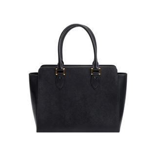 Planet Luxury Brands siyah Saffiano dana derisi tote çanta, altın rengi metal detaylı ve şık tasarımlı