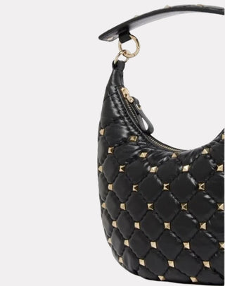 Planet Luxury Brands imzalı, siyah deri, sarı metal zımbalı Valentino Garavani mini el ve postacı çantası