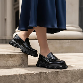 Planet Luxury Brands Valentino Garavani siyah hakiki deri dolgu tabanlı loafer ayakkabı